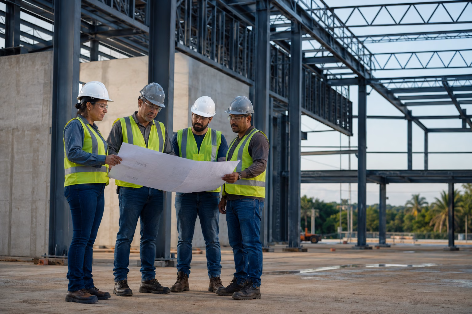 Equipe técnica analisando o projeto em uma obra de estrutura metálica