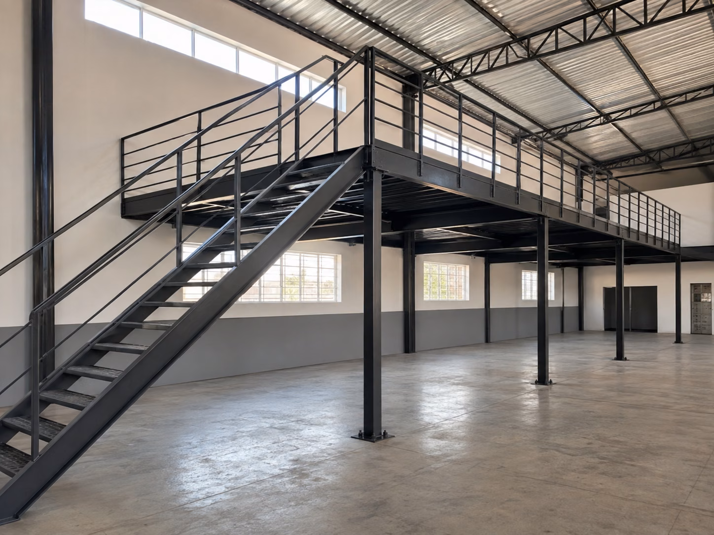 Mezanino e escada fabricados em estrutura metálica